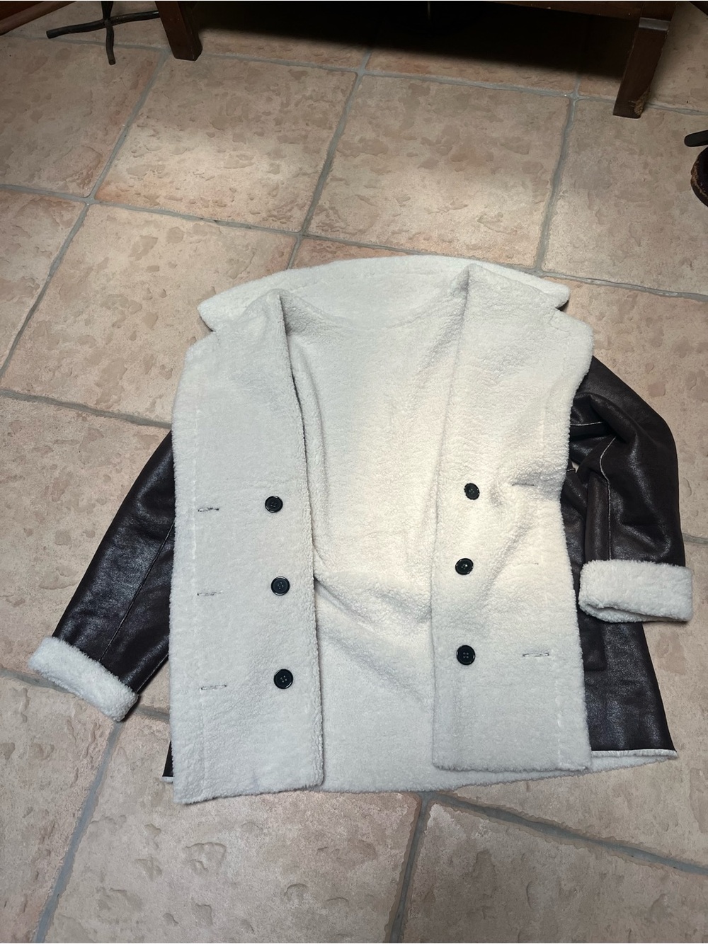 Women’s Faux Shearling-Trim Leather Jacket in Cream & Brown